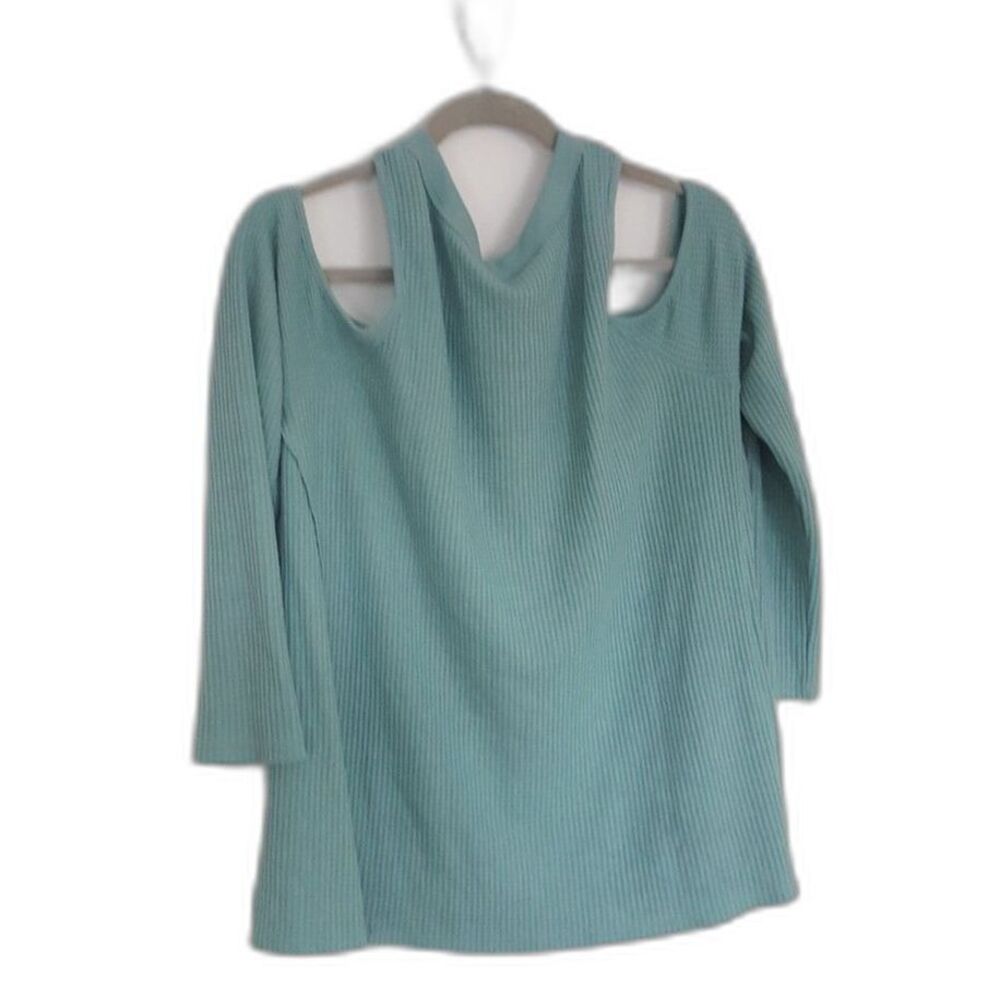 SAVVI Cold Shoulder Thermal Weave Caribbean‎ Blue Long Sleeve top, Large